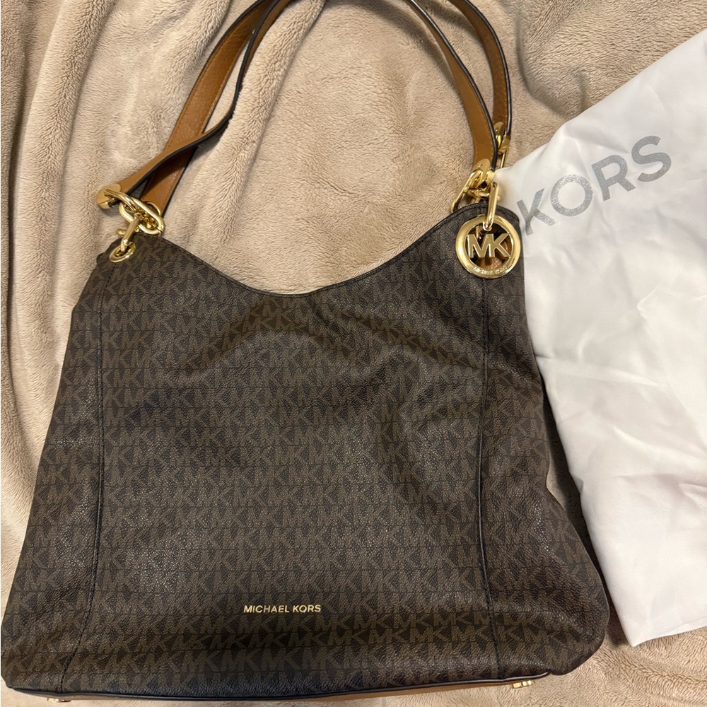 Michael Kors Brown Gold Shoulder Bag with Iconic MK Logo